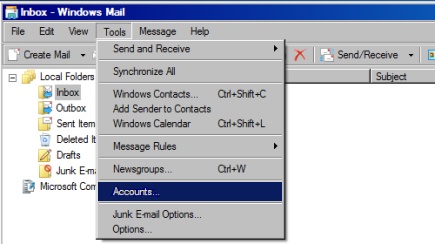 Windows Mail setup - Tools Accounts